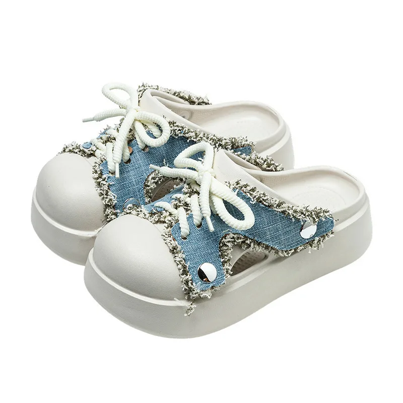 Fashion Denim Fringe Platform Mules Women Casual Lace-Up Closed Toe Slippers Non-Slip EVA Beach Slides Shoes Thick-soled Sandals
