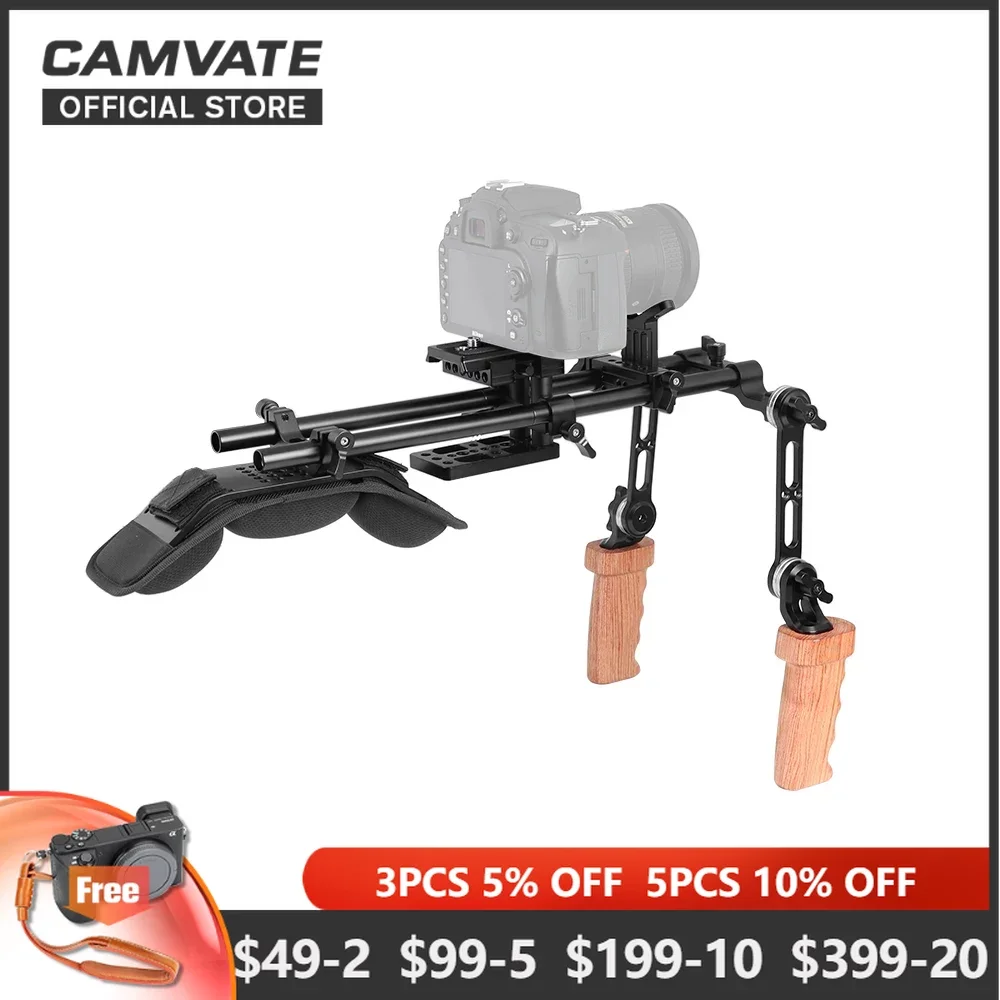 CAMVATE DSLR Camera/DV Camcorder Shoulder Support Rig With Manfrotto Quick Release Plate & Rosette Wood Hand Grip & Lens Support