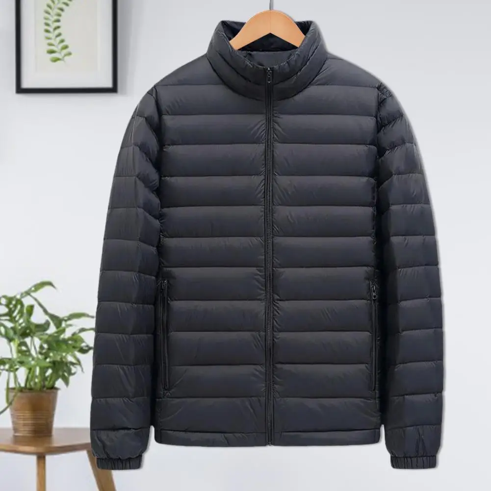 Męska kurtka z wysokim kołnierzem, pikowana kurtka bawełniana z kieszeniami i wysokim kołnierzem, lekka zimowa kurtka wierzchnia, jednolity kolor.