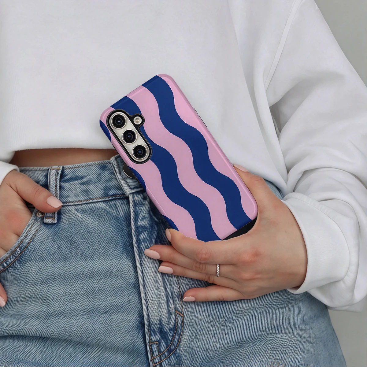 Navy Pink Wavy Stripes Phone Case For Samsung Galaxy S26 S25 Ultra S24 S23 Plus Hard Shock‑Absorption 2-in-1Protective Cover