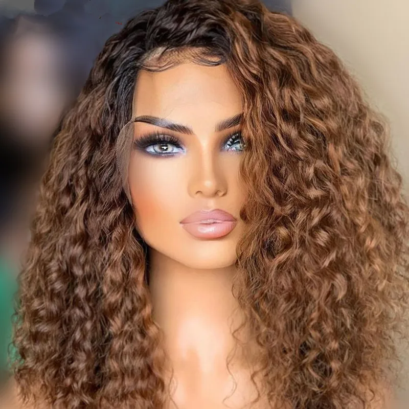 Ombre Braun Blond 180Density Kinky Curly 26 Zoll lange tiefe Lace Front Perücke für schwarze Frauen Babyhaar vorgezupft leimlos täglich