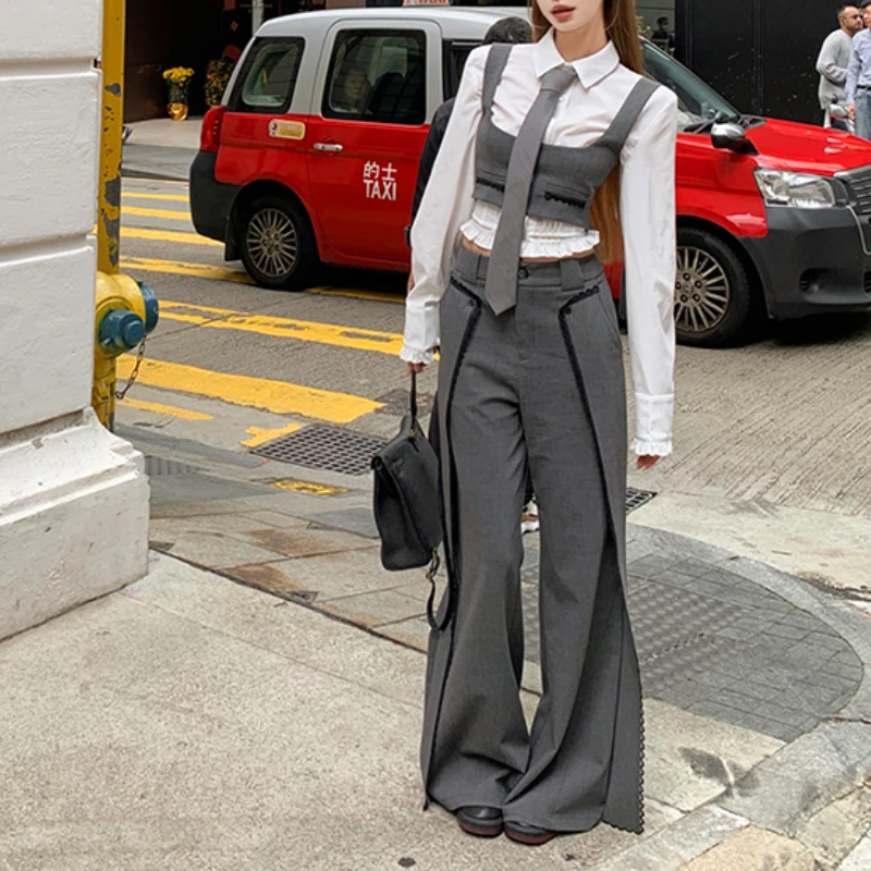 Spring 2024 New Korean Polo Collar Casual Shirt Women + Contrast Color Patchwork Wide Leg Pants + Vest + Tie Four-piece Suit