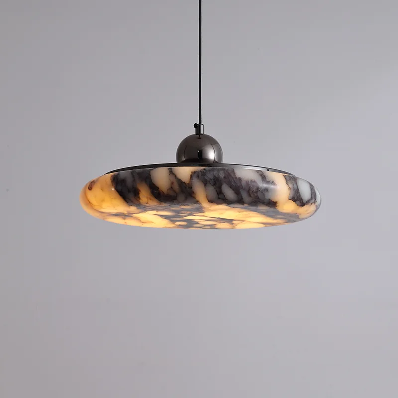 Luxury Designer Natural Onyx Marble Pendant Lamp Round Disc Cloud Stone Hanging Light Vintage Modern For Hotel Lobby Dining Room
