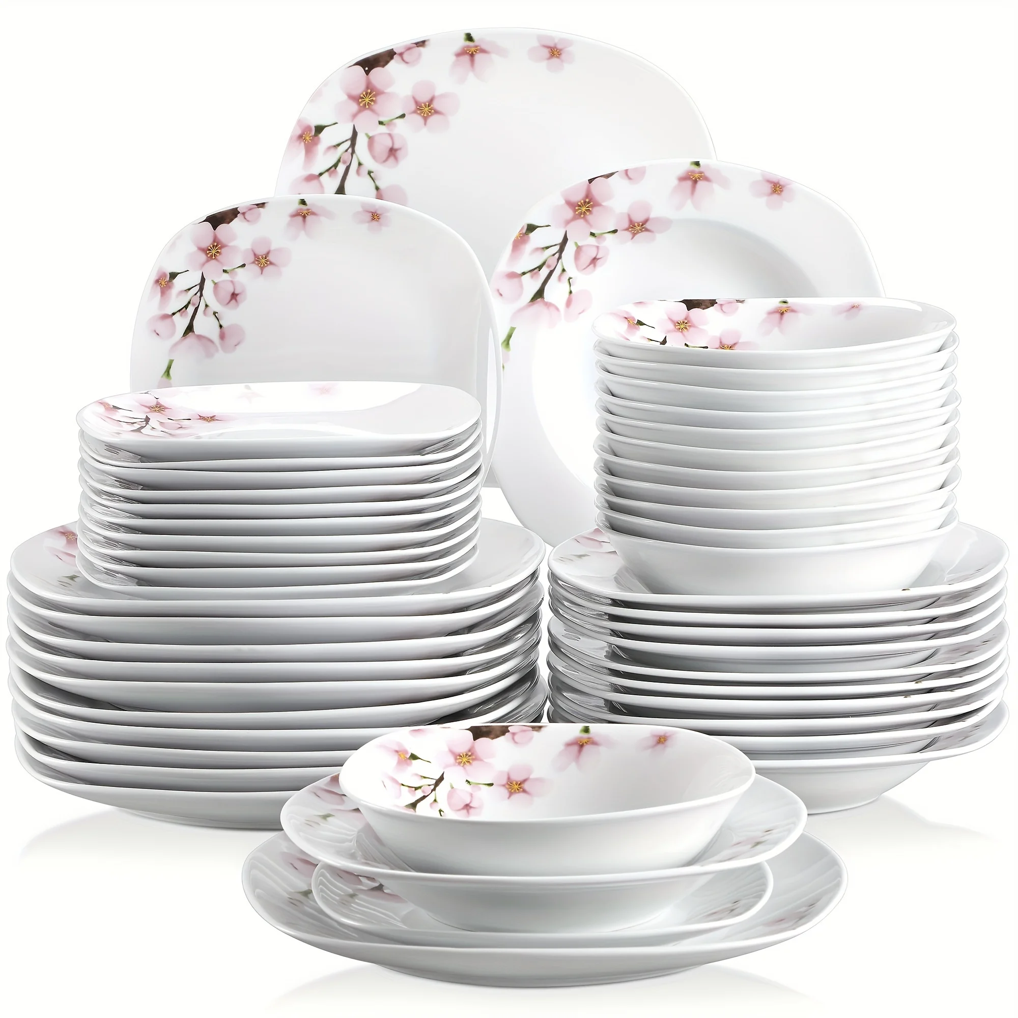 

48pcs Dinner Set Porcelain Ivory White with Pink Flower Pattern Tableware Plate Bowl Service for 12 People