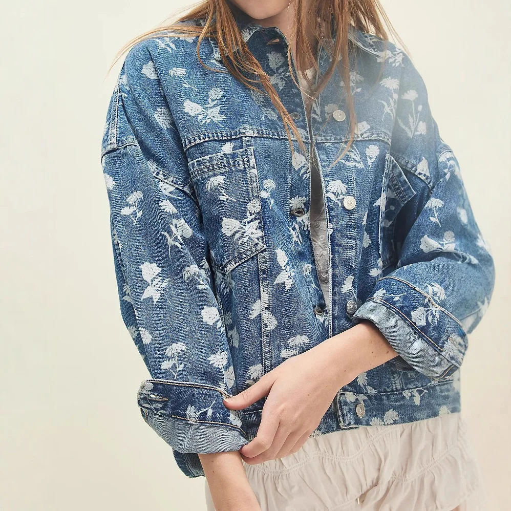 

Blue Cotton Floral Printed Denim Jackets for Women Long sleeve Spring Autumn Jacket Coats Loose Outwear Boho Beach Casual Coat