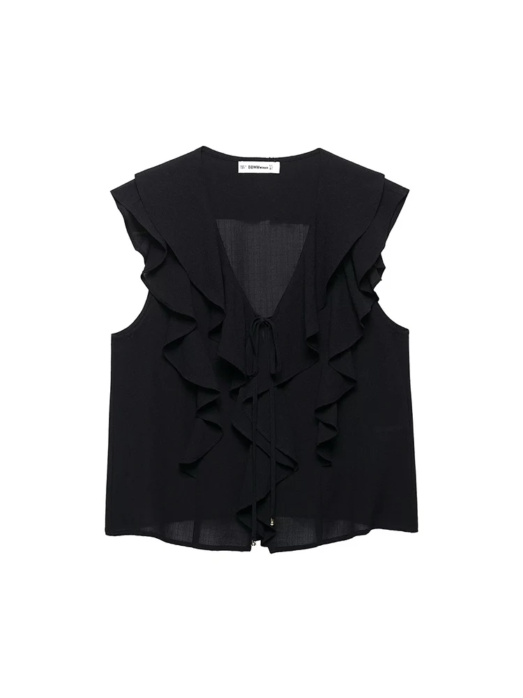 

KUCLUT Women Fashion Black Ruffled Pleated Lace Up Tank Tops Vintage V-Neck Sleeveless Female Chic Lady Top