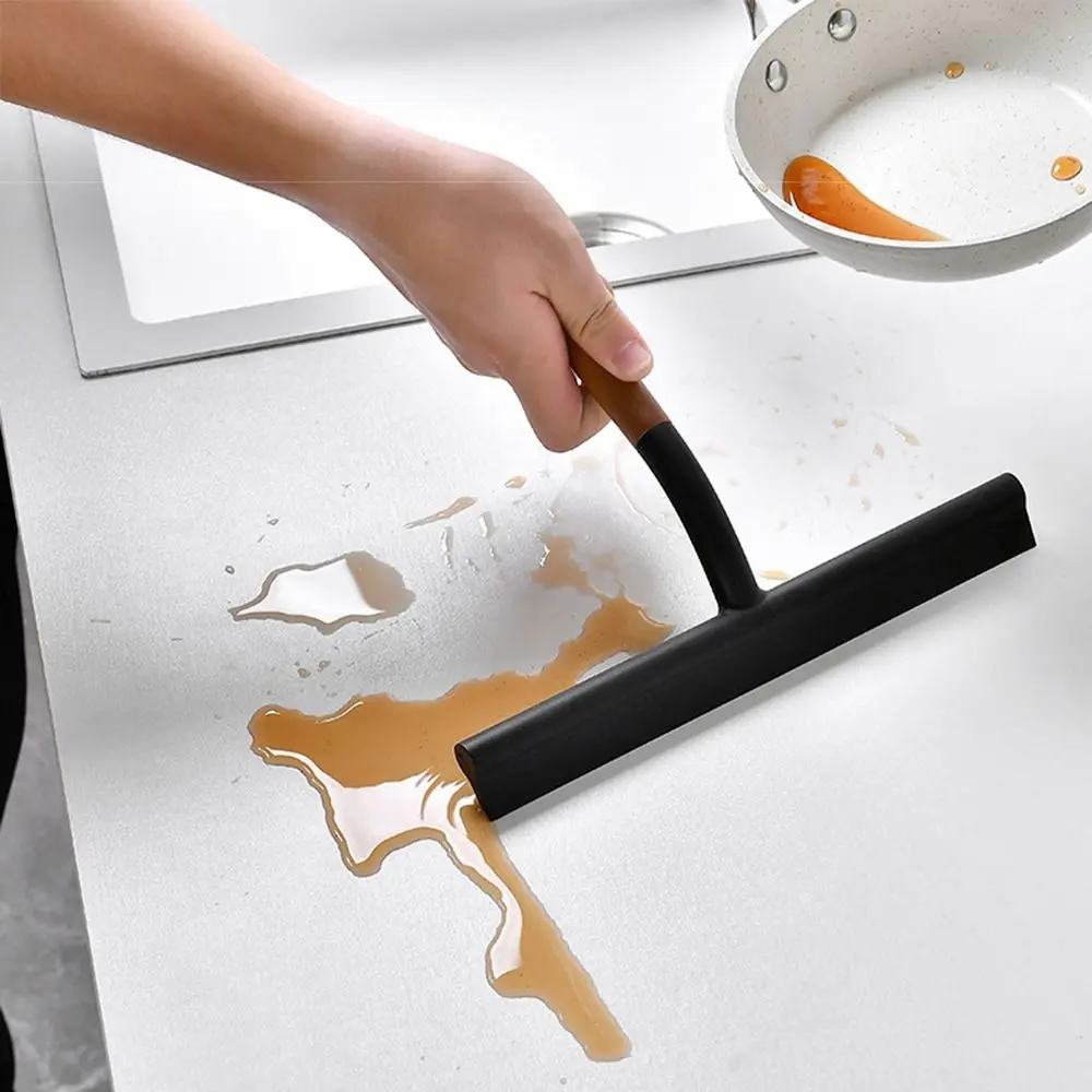 Non-Scratch Kitchen Water Wiper Wooden Handle Soft Silicone Glass Cleaning Tool With Lanyard Widen Design Mirror Water Scraper