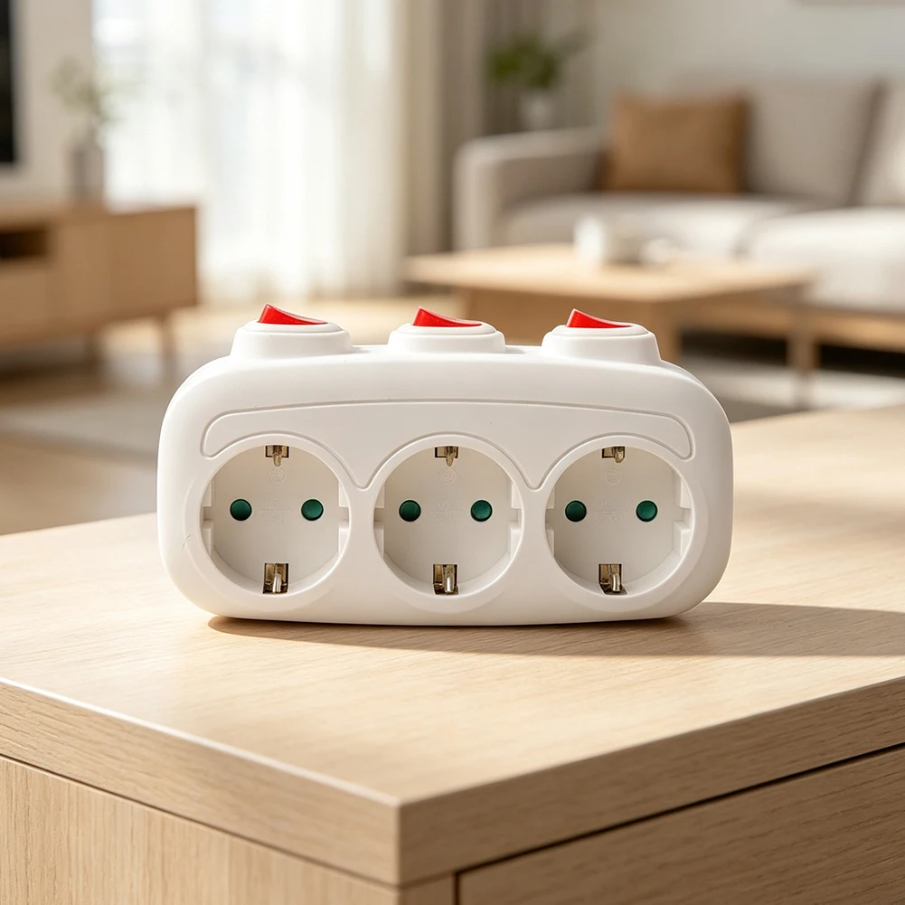 To 3 EU Power Socket Adapter 16A 250V With Individual Switches Fireproof PP Converter For European Outlet Extension