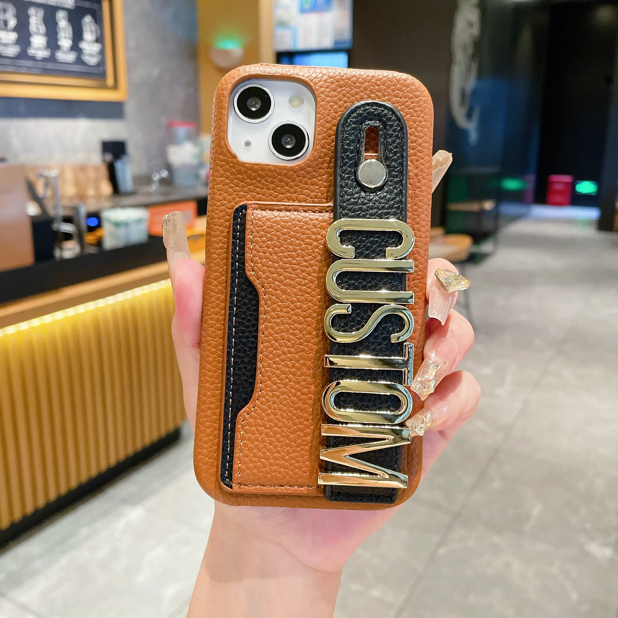 Personalized Metal Name Initial CardHolder WristStrap Leather Phone Case for iPhone16 15 14 13 12 11Pro Max 16Plus Custom Cover