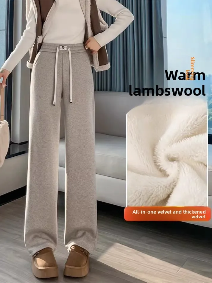 

Женские брюки с высокой талией и широкими штанинами, осенне-зимние, утепленные, шерстяные, прямые, повседневные, с отделкой из овечьей шерсти