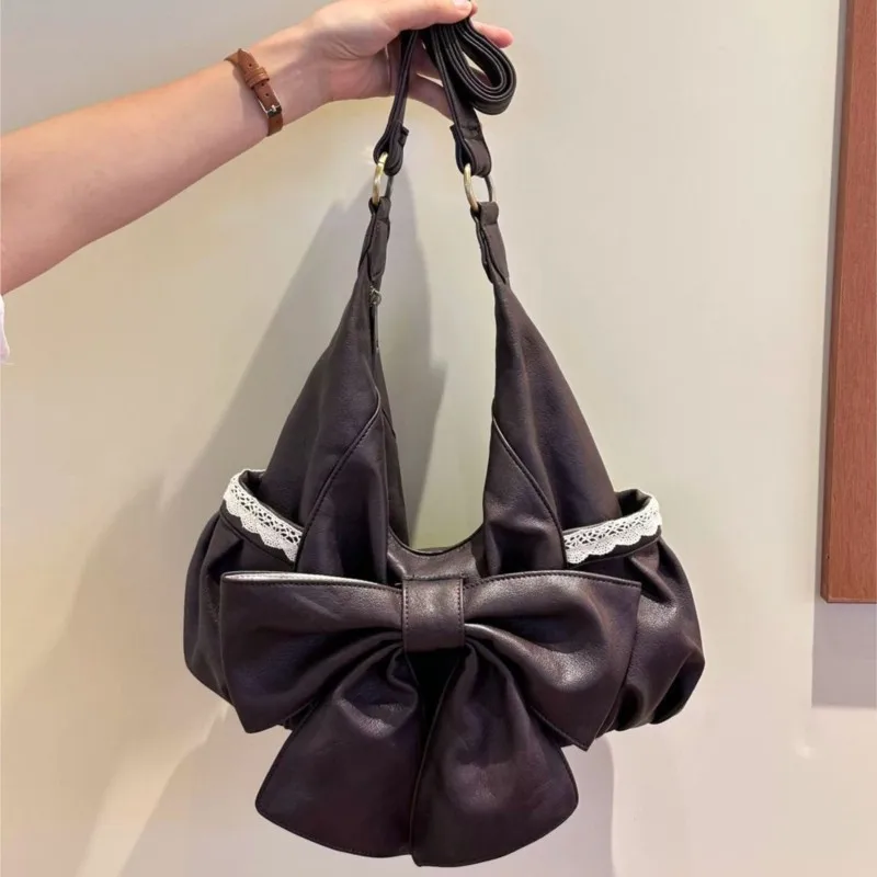 

Korean Retro Bow Lace Tote Bag Women Brown Soft Leather Large Capacity Shoulder Bag Ladies Sweet Cute Harajuku Crossbody Bag New