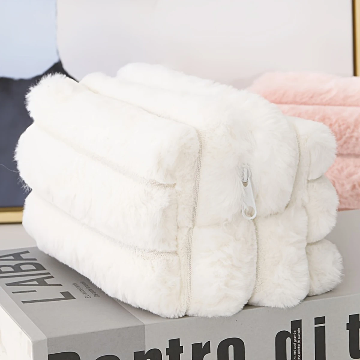 حقيبة تخزين مستحضرات التجميل من القطيفة ذات لون خالص، عالية المظهر، بناتي، مخططة سميكة، بلون الحلوى ذات سعة كبيرة