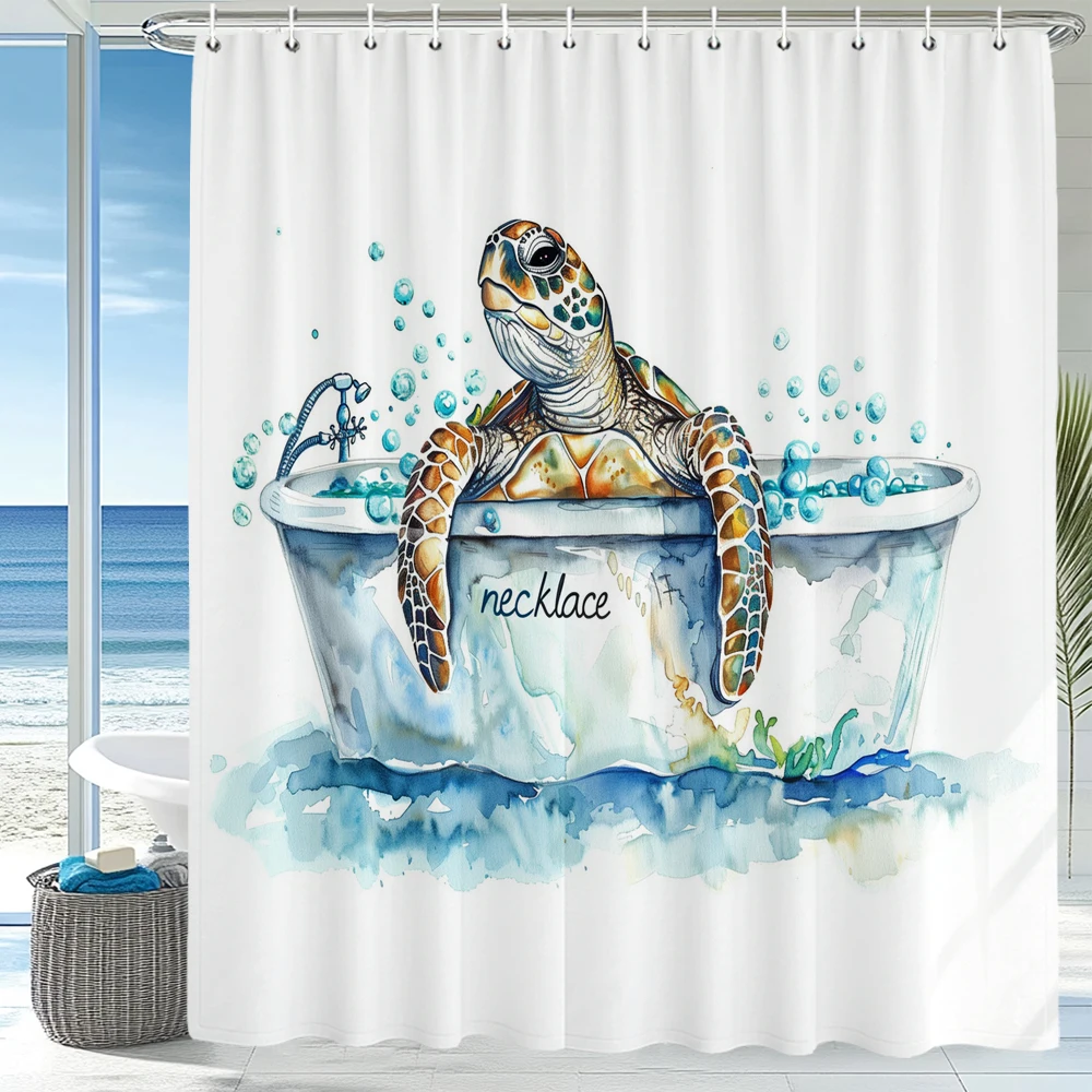 Blue Sea Turtle Printing Shower Curtain, Bathroom Decorative Shower Curtain, Waterproof Shower Curtain with Hooks