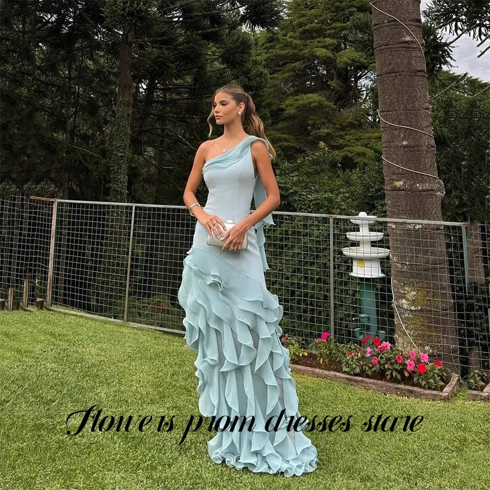 Flowers Sky Blue Party Dress Layered Ruffled فساتين السهرة One Shoulder Night Dresses Simple Formal Dress Customized