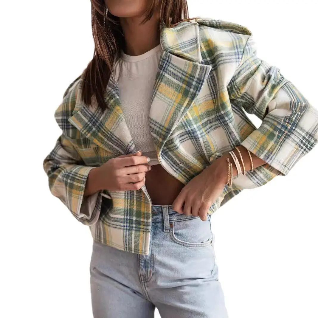 2024 Autumn Fashion British Plaid Print Woolen  Jacket Women's Commute Style Loose Fit Long Sleeve Suit Collar Coat