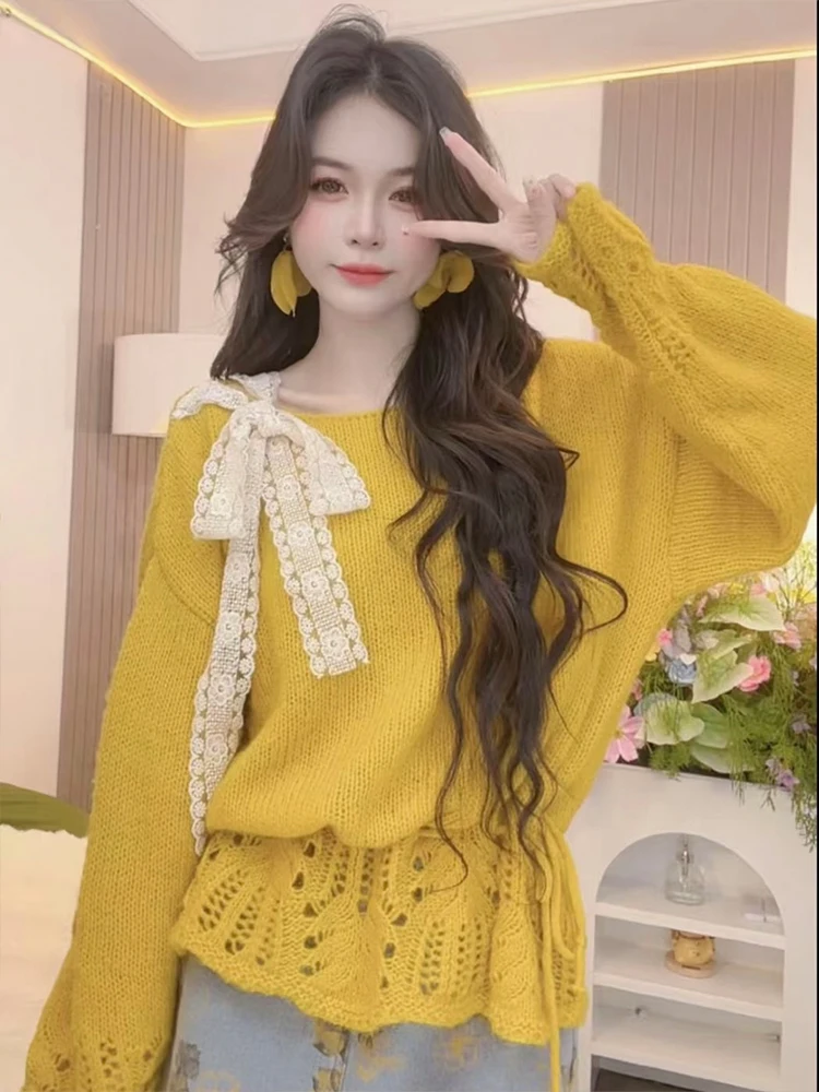 

Милый мягкий свободный женский вязаный свитер с узлом, весна-осень, Новое поступление, удобный повседневный цветной топ