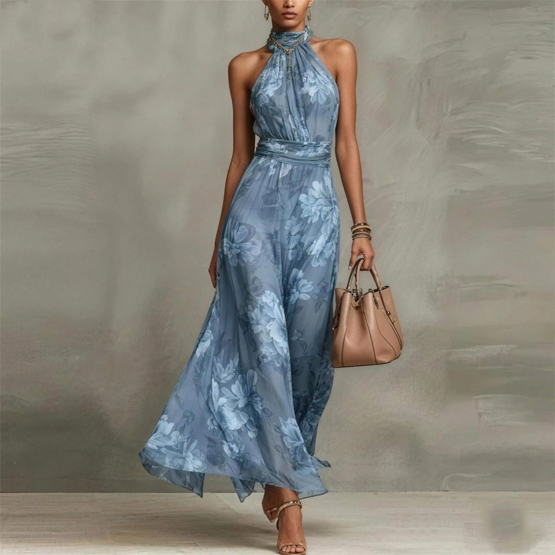 Vintage Maxikleid aus Chiffon mit Neckholder, ärmellos, rückenfrei, hoher Taille, Schlitz, fließend, mit floralem Aquarellmuster für Abend und Hochzeit – Detail 6