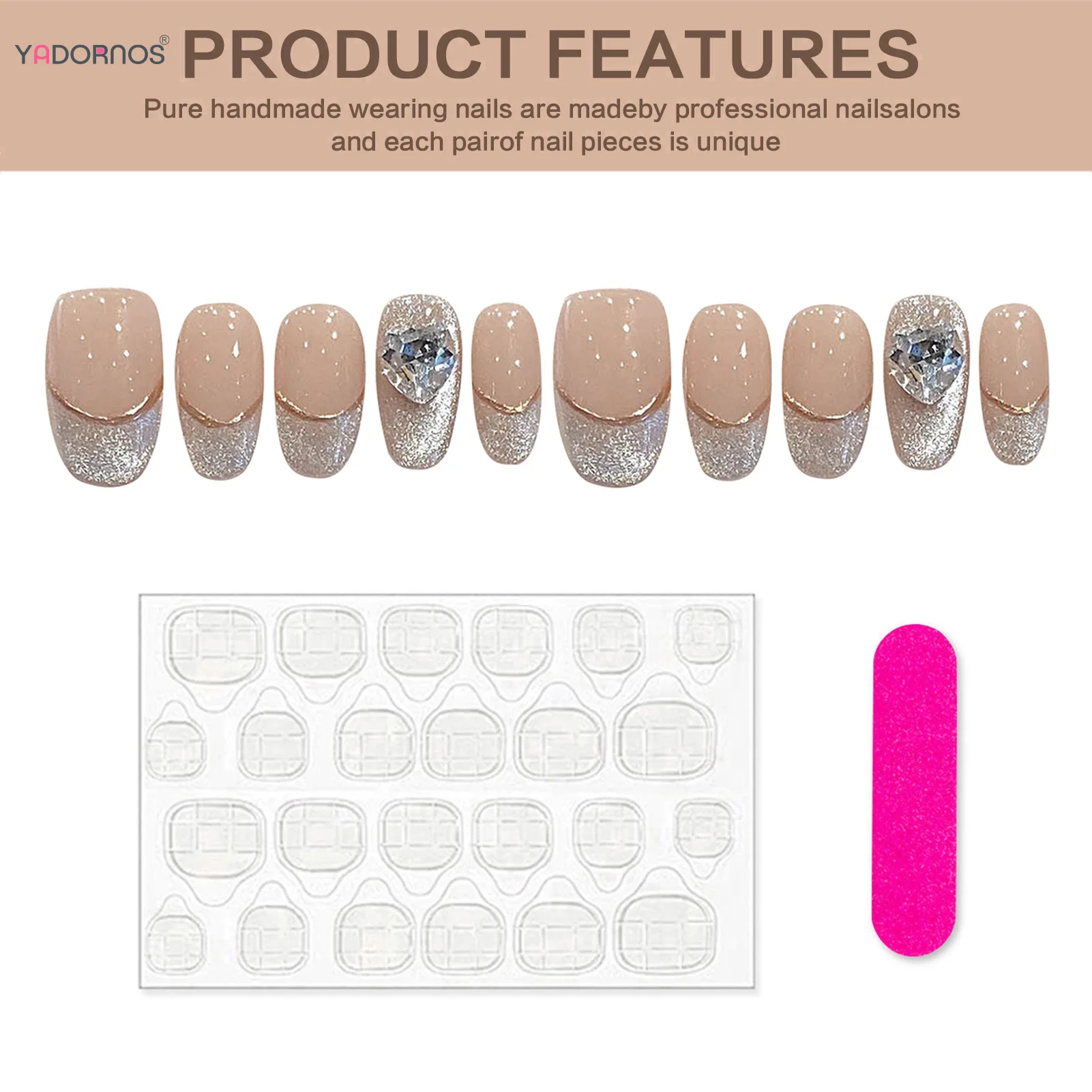 أظافر مزيفة مصنوعة يدويًا على الطراز الفرنسي ، أظافر مزيفة على عين القط الفضية ، أطراف مانيكير يمكن ارتداؤها ، لون عارية ، 10 من الأظافر