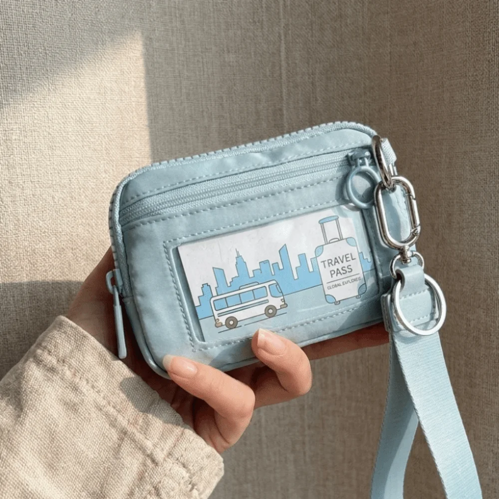 Portable Zipper Closure Wrist Bag Clear Window Nylon Card Case Purse Multi Pockets Small Size Keychain Coin Purse
