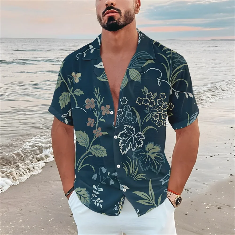 Summer men's casual short sleeved shirt Beach shirt Plant flower 3D printed Hawaiian men's lapel short sleeved shirt 2024 New