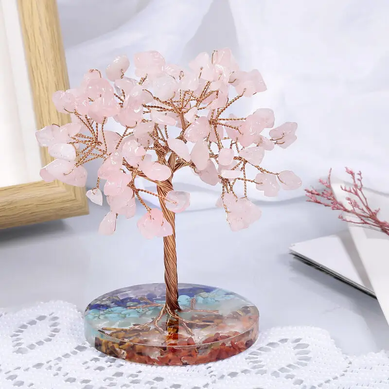 Natural Seven Color Crystal Crushed Stone Ornaments Circular Resin Base Lucky Tree Ornament Desktop Crystal Handicraft Ornaments