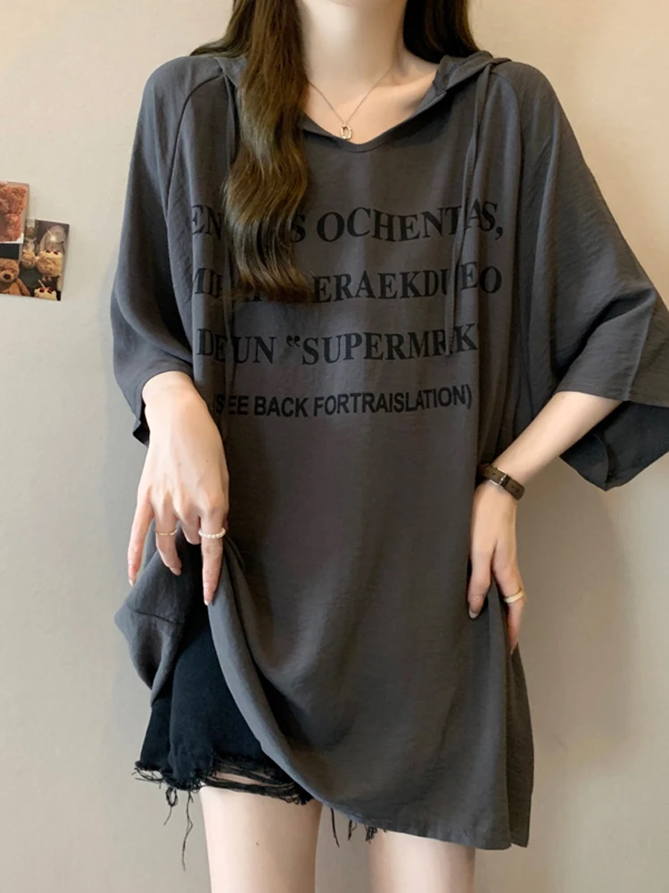 Women's Ice Silk Short Sleeve T-Shirt Design Sense Hooded Mid-Length Loose Fit Summer Casual Top Large Size Cover Butt