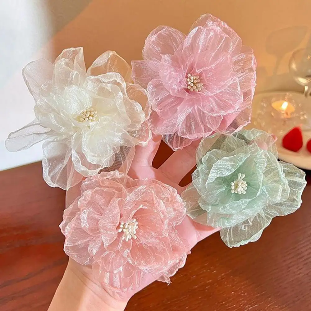 

Hair Clips Pink White Green Mesh Flower Floral Hair Barrettes Organza Camellia Hairpin Headpiece Beach Bridal Hair Accessories