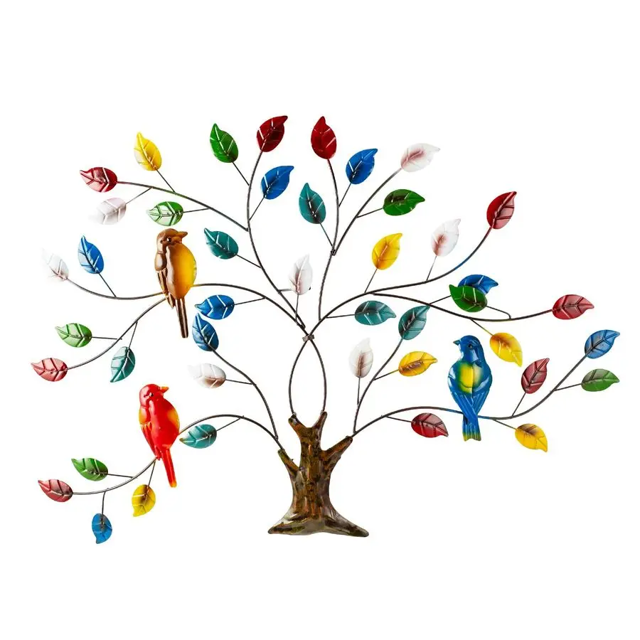 

Металлическое настенное панно «Древо жизни», 27-дюймовая большая уличная настенная скульптура с разноцветными листьями и птицами, металлический настенный декор в виде дерева для улицы
