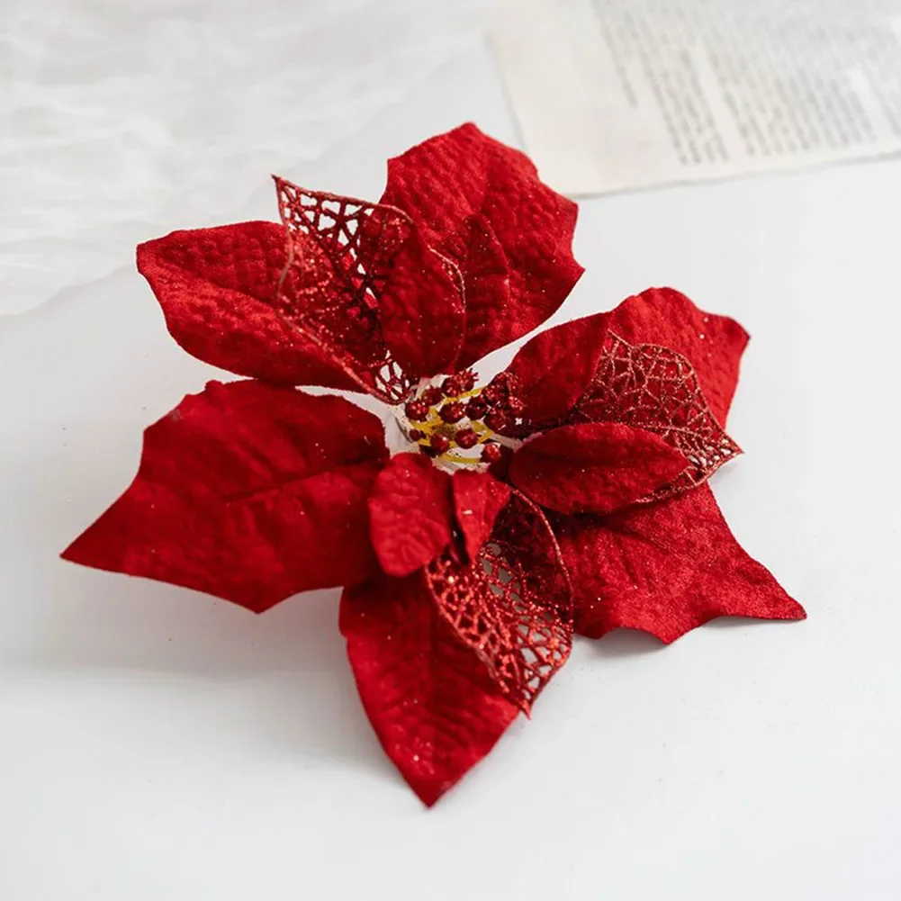 22cm Christmas Flower Red Christmas Flower Glittering Artificial Poinsettia Decorations For Xmas Tree Hanging Pendant Decoration