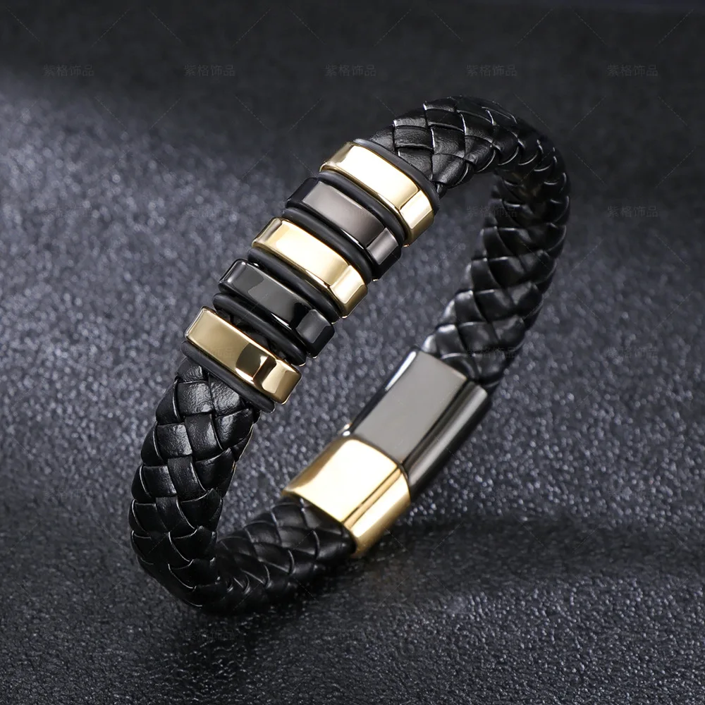 New Ethnic Style Stainless Steel Leather Bracelet Men's Mature and Stable and Elegant Giving Men The Best Gift for Men