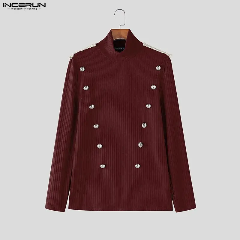 INCERUN Men Sweater Patchwork Turtleneck Long Sleeve Knitted Male Pullovers Button Streetwear Fashion Casual Men Clothing S-3XL