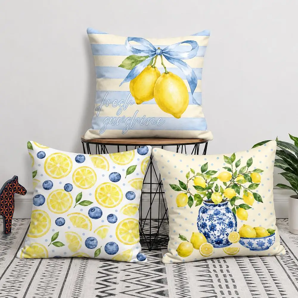 Blue Lemon Summer Pattern Cushion Cover Soft Short Plush Pillow Cover Smooth Cozy Texture Cushion Case Home Decor