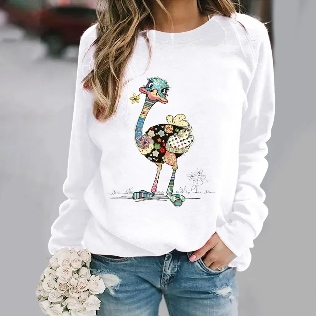 

Europe and The United States Ostrich Pattern Printed Long Sleeve Round Neck Hoodie Women's Wear Sweatshirt Sweatshirts