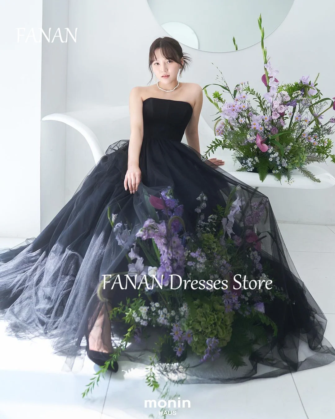 

FANAN Strapless Simple Evening Party Dresses Korea Black Sleeveless Tulle A-Line Wedding Women Formal Gowns Event Prom Gowns