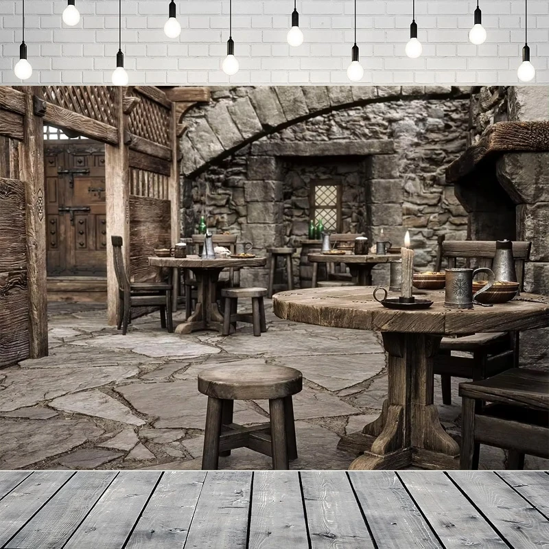 Photography Backdrop Medieval Tavern Inn Wooden Interior Tables Candle Light Fireplace Ancient Tavern Background Portrait Shoot
