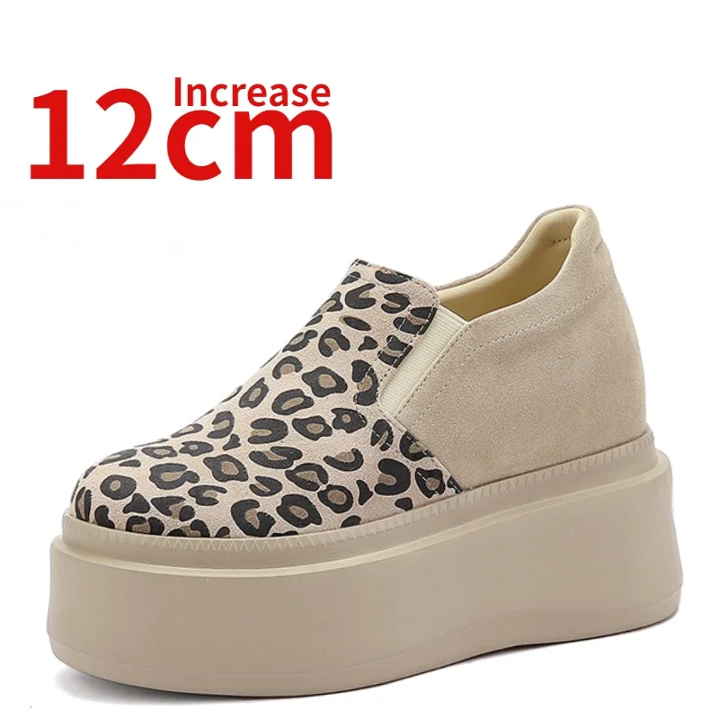 Invisible Height Increasing Shoes for Women's Increased 12cm Genuine Leather Leopard Print Design's Thick Platform Sponge Shoes