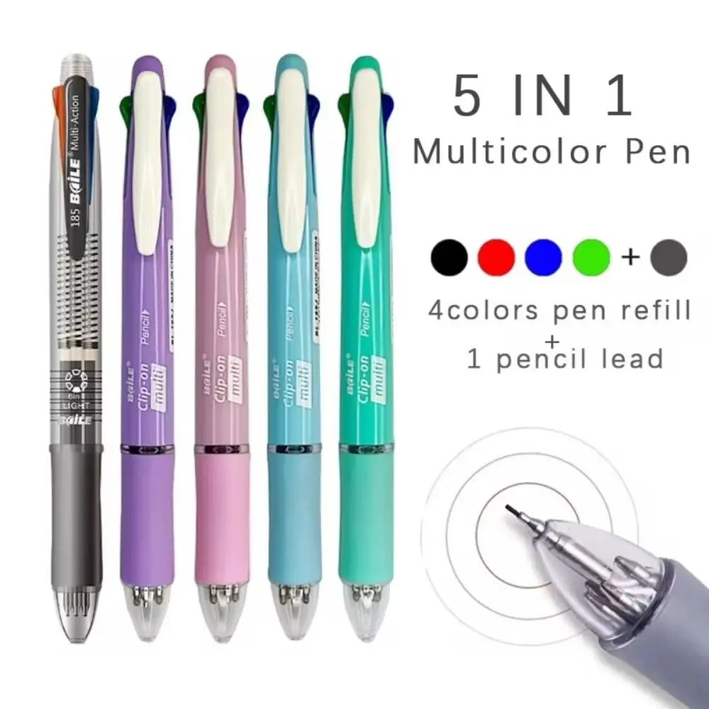 4pcs 4 Colors Ball Pen Multicolor Ballpoint Pens 5 in 1 1 Automatic Pencil Multicolor Retractable Pen Clip-on Rubber Grip