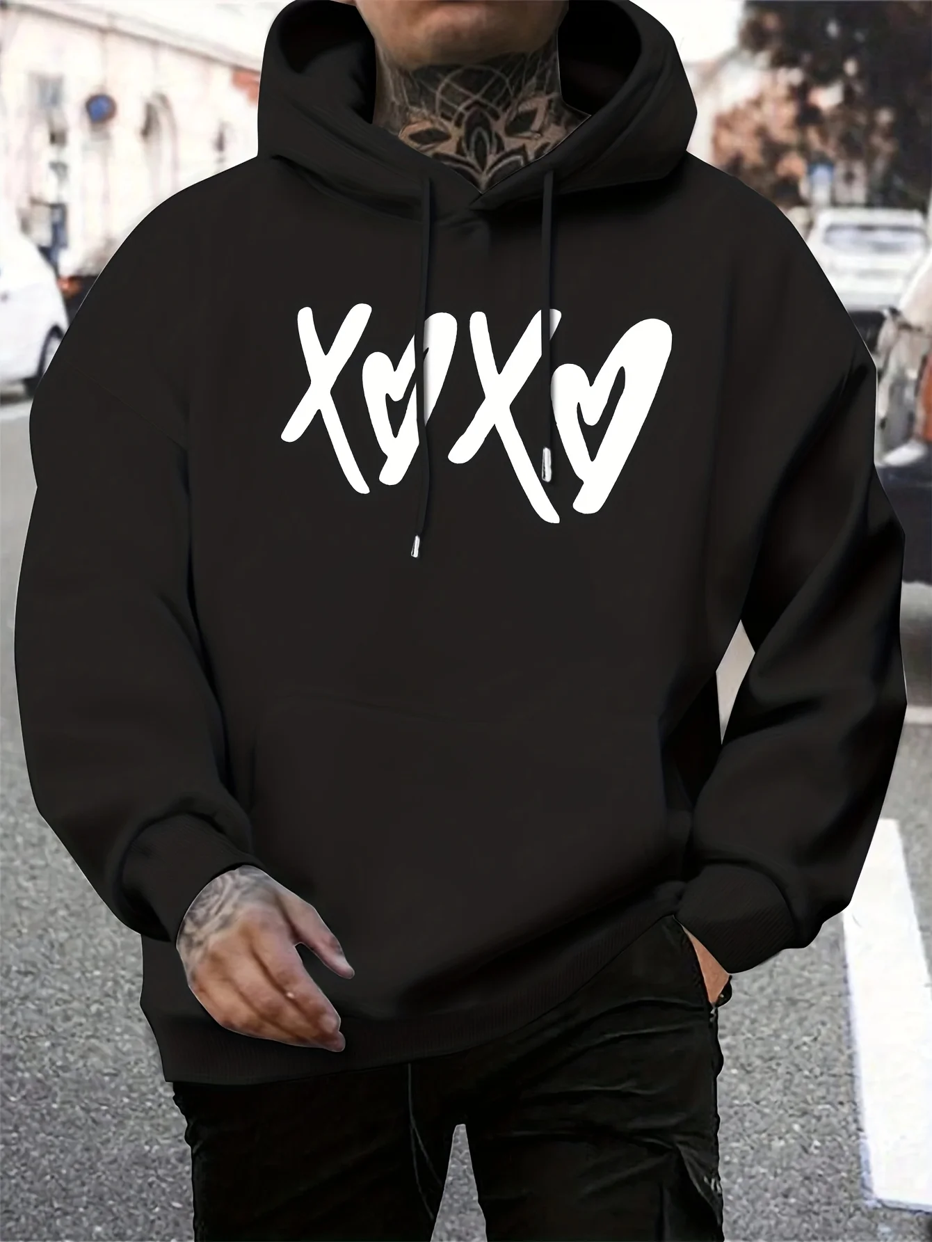 Men Sport Hip Hop Hoodie, Cartoon Stitched Bear Graphic Streetwear, Russian Size Fleece Lined Pullover Sweatshirt for Men