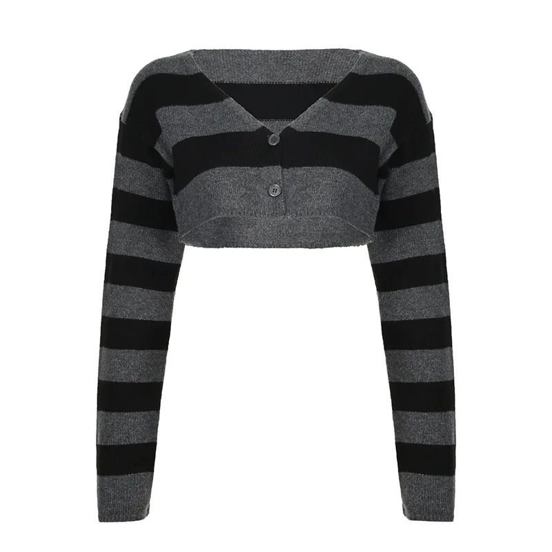 Casual Contrast Color Striped Women Sweaters V Neck  Long Sleeve All Match Pullovers Sweet Chic Fashion Jumpers