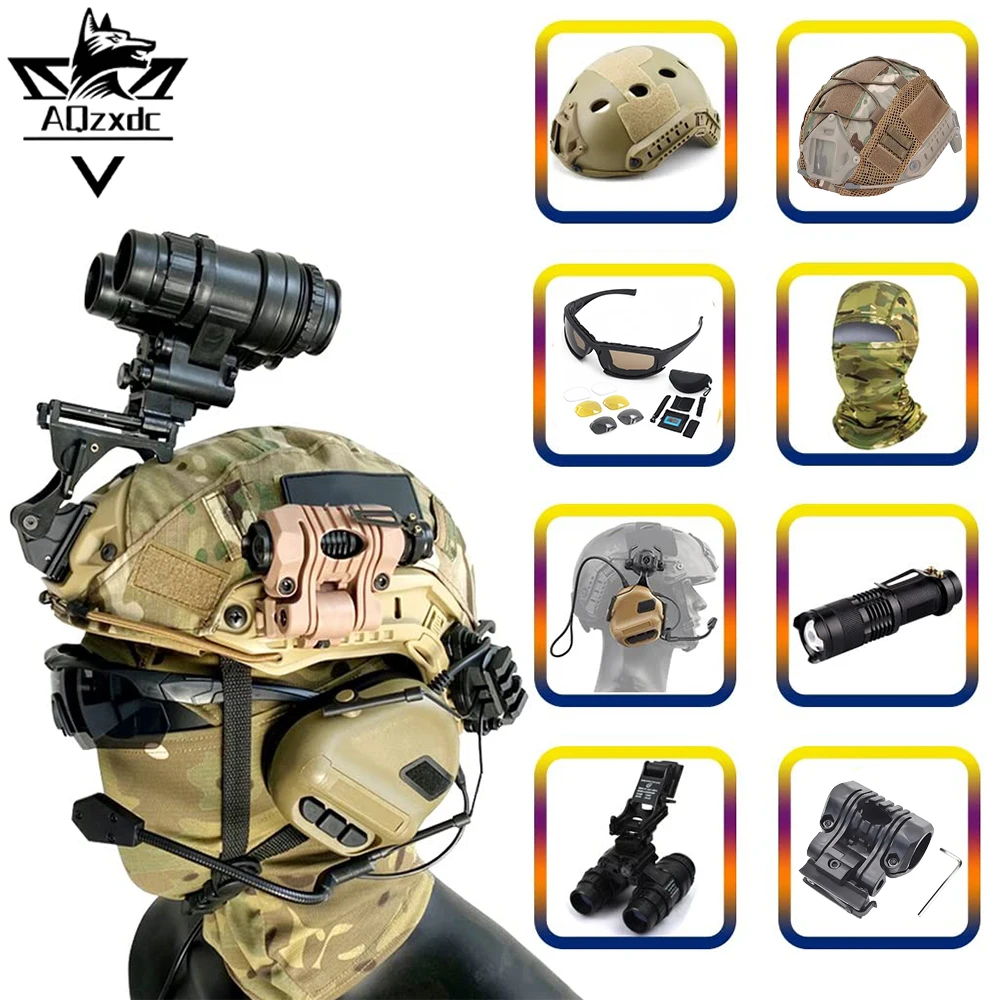 Tactical Helmet Set Airsoft Fast Helmet with Headset Flashlight Helmet Mount Binocular NVG Model for CS Hunting Shooting Game
