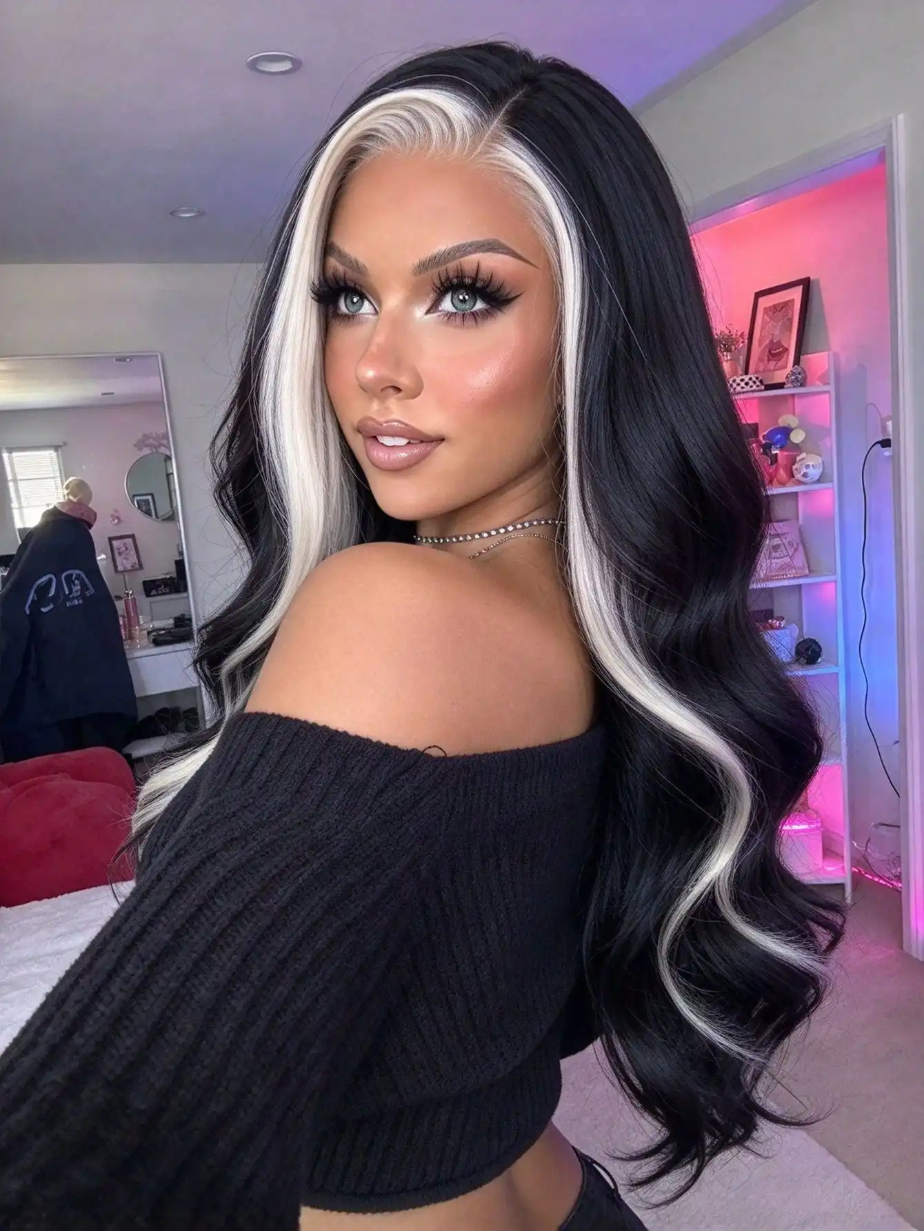 Loose Wave Highlight Blonde Human Hair Lace Front Wigs Glueless Body Wave Wigs 200% Density13x4 HD Lace Frontal Wigs Human Hair Beginner Friendly Pre Plucked Black and White Highlights Long Wavy Lace Front Wig with Baby Hair for Women Daliy Party Use