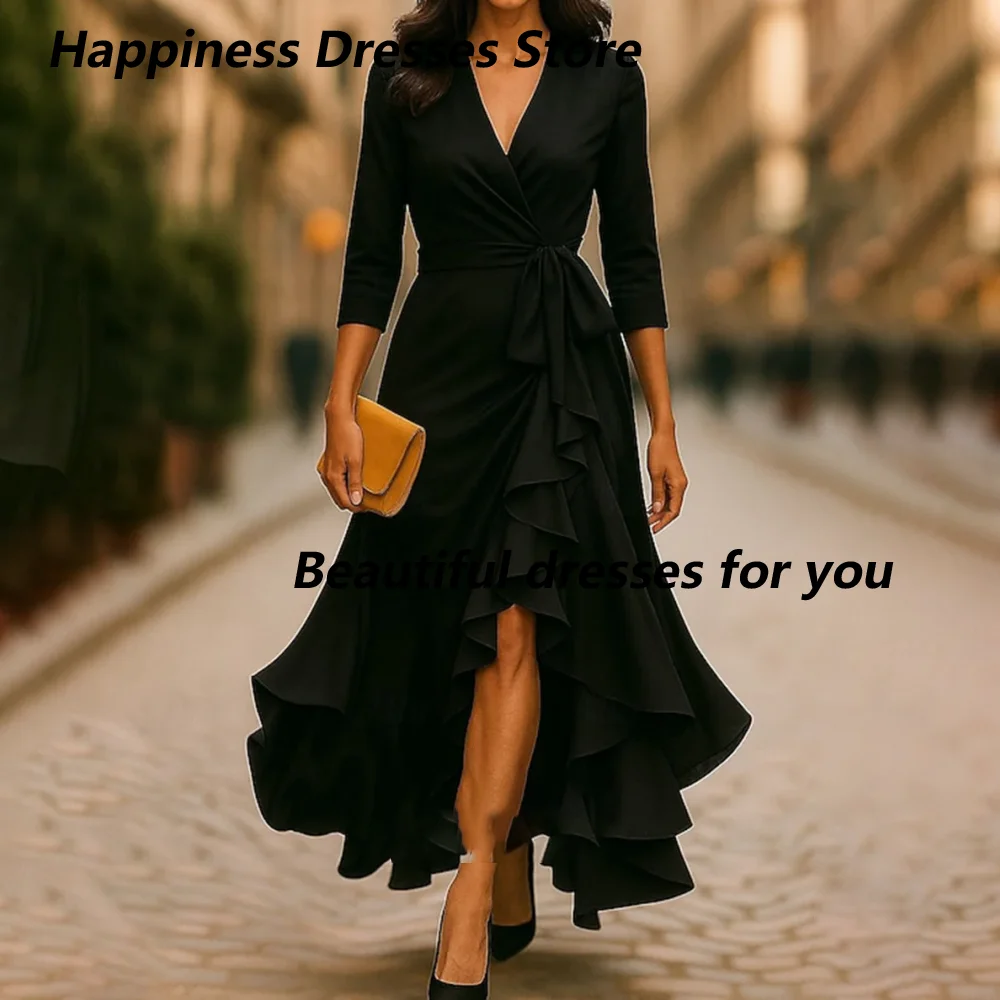 Customized Black Wrap V-Neck Mother of Bride Dresses, 3/4 Sleeve Belted Tiered Pleated Ruffle High Low Wedding Guest Midi Gown