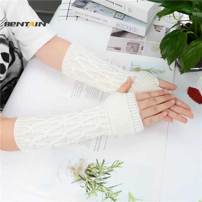 Long Fingerless Gloves Autumn Winter Knitting Arm Sleeve Keep Warm Men Women Oversleeves Mid-Length Half Finger Gloves Mittens