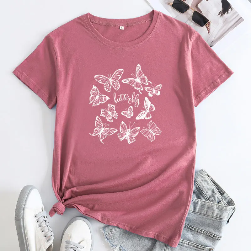 JFUNCY Female T-shirts Women Tees Short Sleeve Summer Tops Woman Clothing New Butterfly Graphic T Shirt Women's Cotton Tshirt