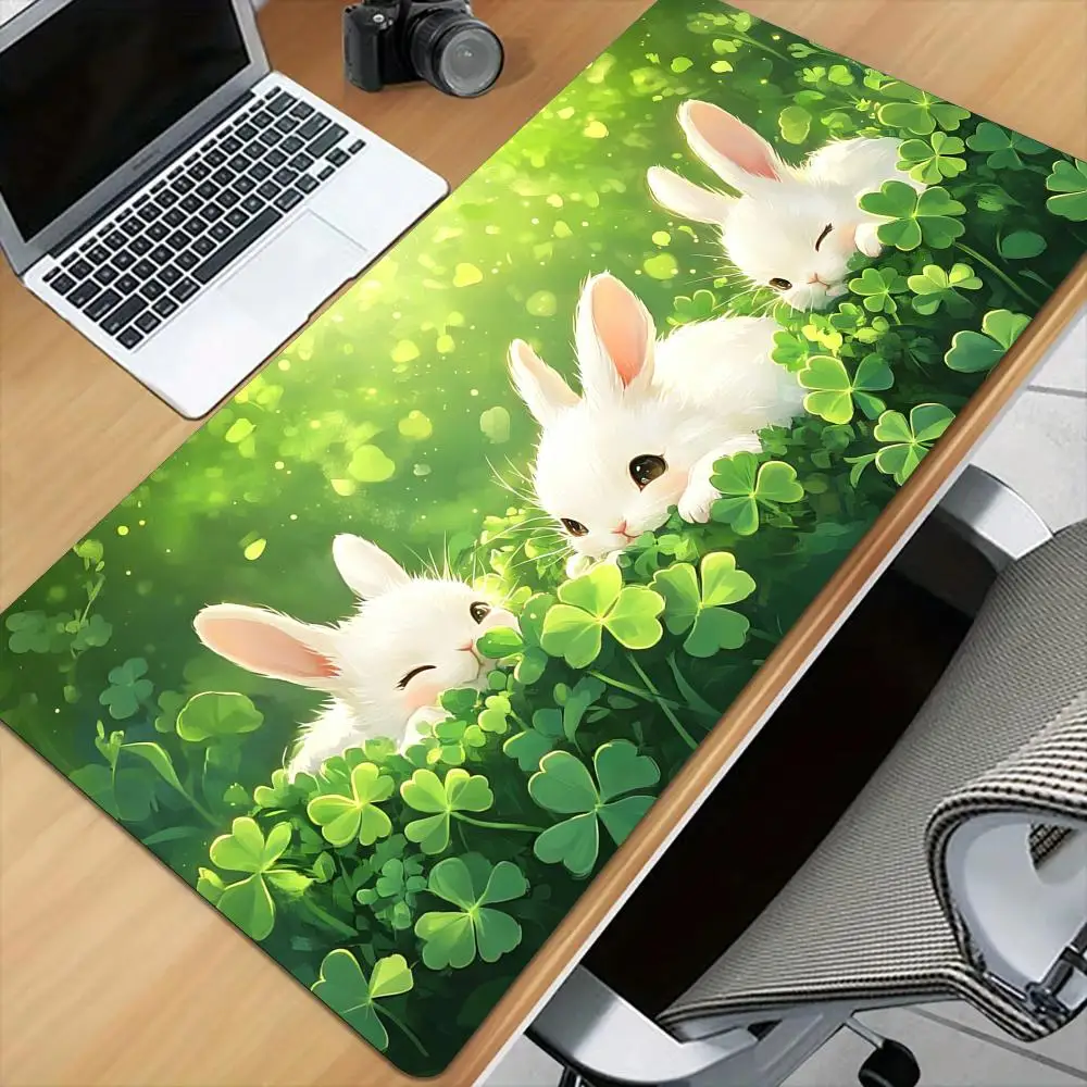 Four-leaf clover and rabbits Mouse Pad Desk Mat with Stitched Edge XXL Mousepads Rubber Anti-slip Gamer Keyboard Rug Gaming Mats