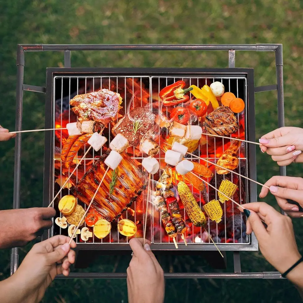 حفرة نار كبيرة مربعة لحرق الخشب في الهواء الطلق مع شاشة شرارة، غطاء شبكي، بوكر للفناء والشواء وحرائق التخييم #4