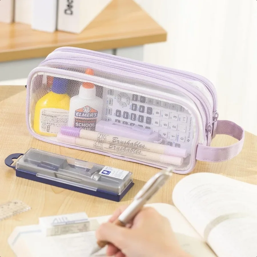 ANGOOBABY Large Grid Mesh Pencil Case 2 Compartment Pen Bag Clear Handheld Multifunction Pencil Pouch Transparent Makeup Bag fo