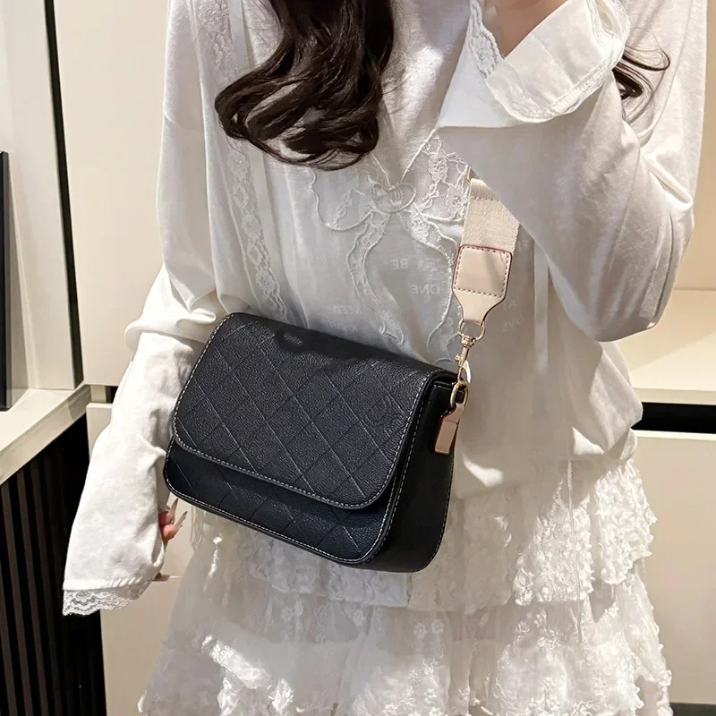 

2025 Новая винтажная стеганая сумка-мессенджер с широким ремешком и бриллиантами для женщин - роскошная стильная сумка через плечо для поездок на работу