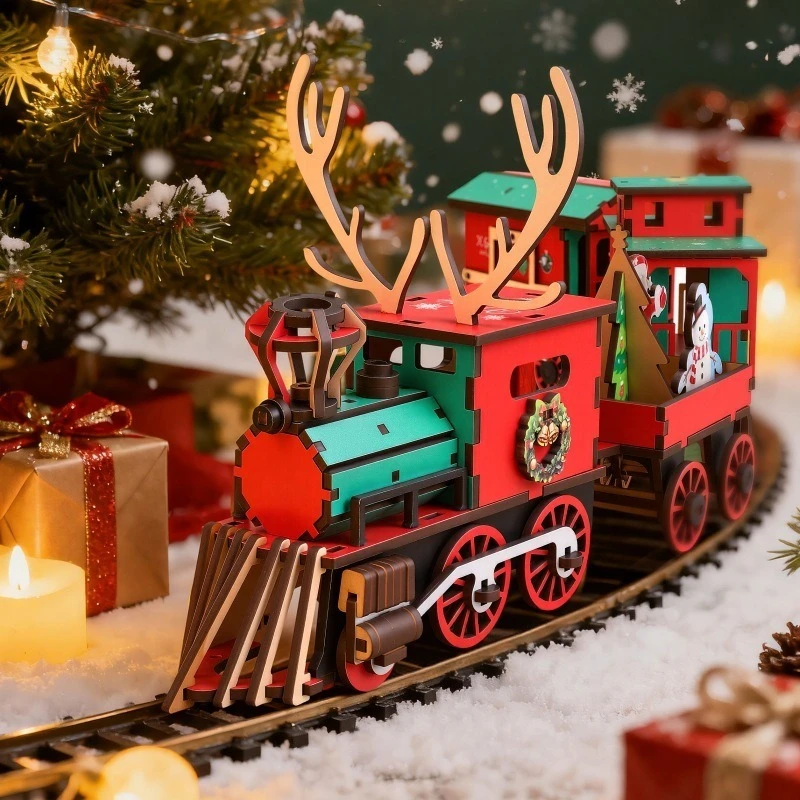 Drewniane puzzle 3D Model pociągu świątecznego Zabawka puzzle dla uczniów DIY Klocki konstrukcyjne Prezent dla dzieci