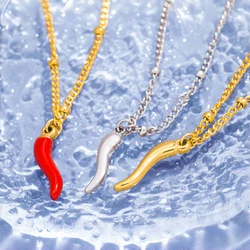 Red Enamel Chilli Necklace Pendant 18K Gold Color Plated Stainless Steel Fashion Classic Unisex Jewelry Men Women